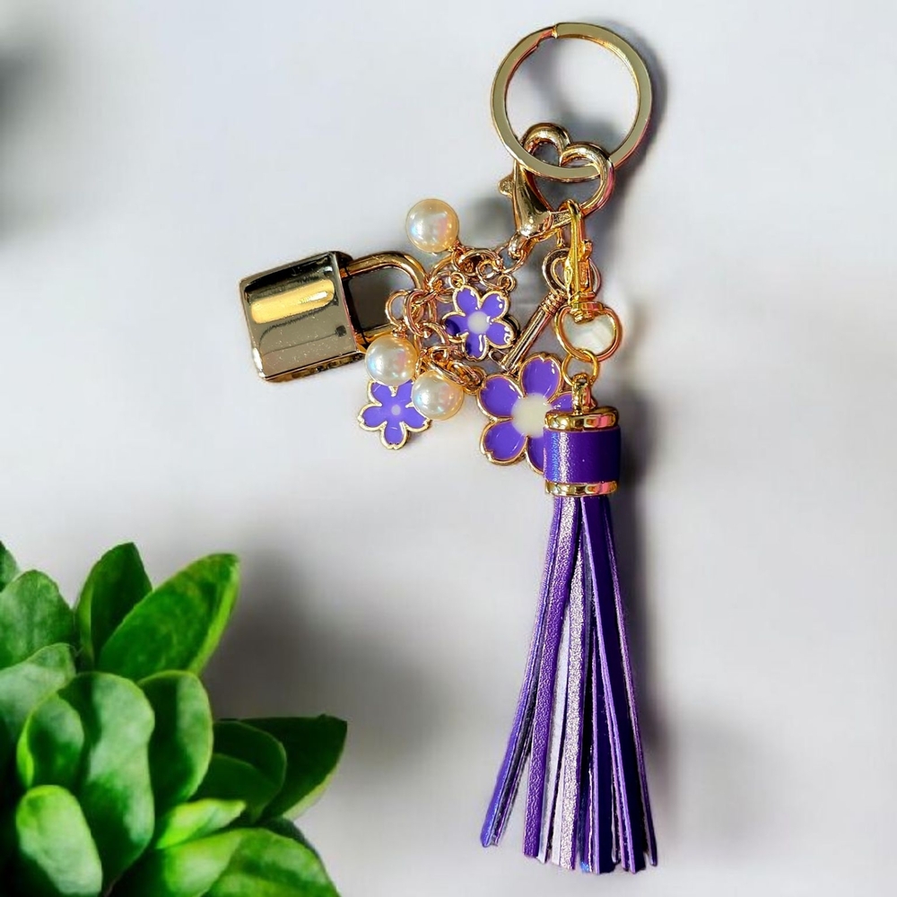 SALE!! Purple and Gold Tassel Keychain with Pad Lock